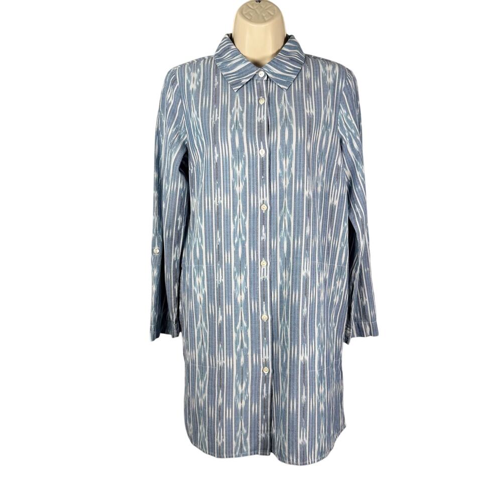 Pure J Jill Top XS Ikat Button Up Convertible Long Sleeve Tunic Coastal Longline